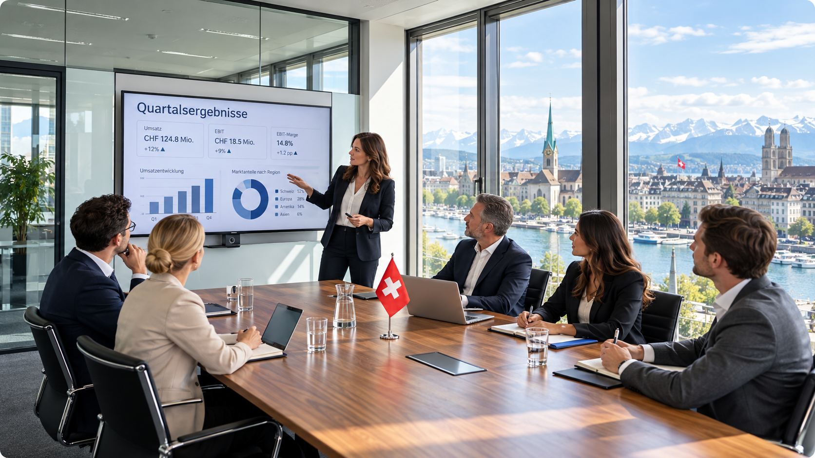 Redaktionelles Bild eines modernen Büros mit einem Team am Besprechungstisch